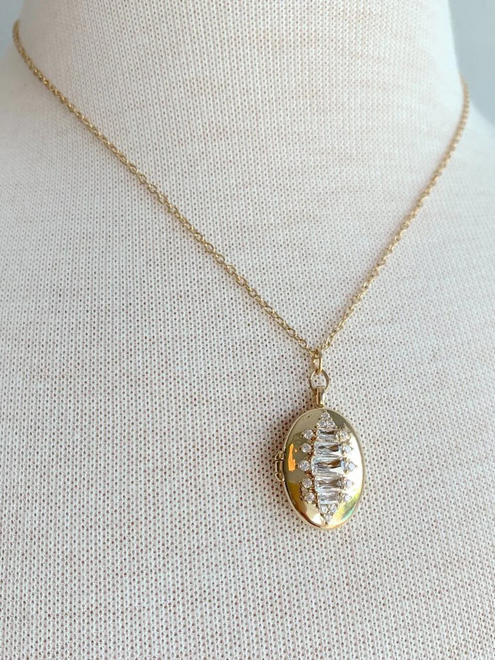 NEW ~ Anthropologie Oval CZ Baguette Gold Locket Necklace